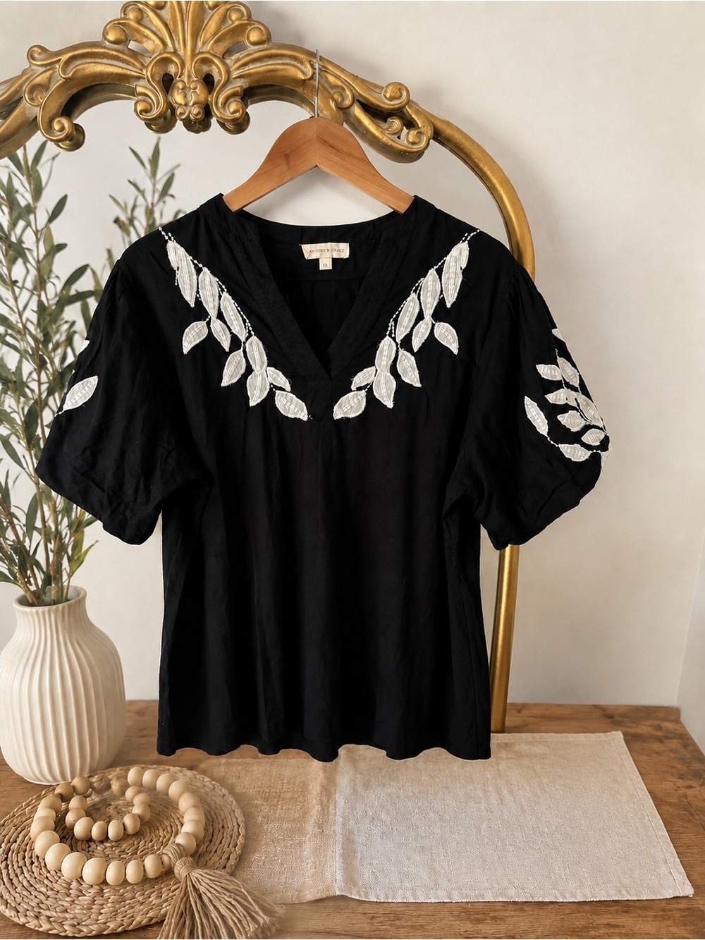 Black Plus Boho V-Neck Puff Sleeve Blouse with White Leaf Embroidery l00% Cotton